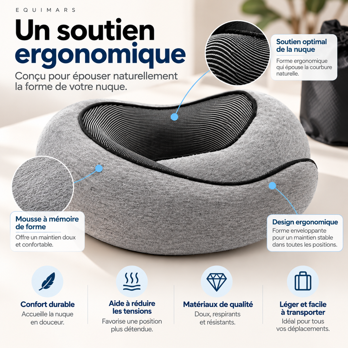 Coussin cervical de voyage ergonomique